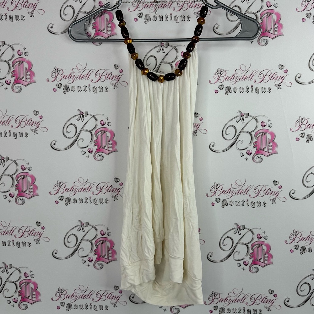 Pudding jeans halter beads neckline Elegant White Dress with Beaded Necklace